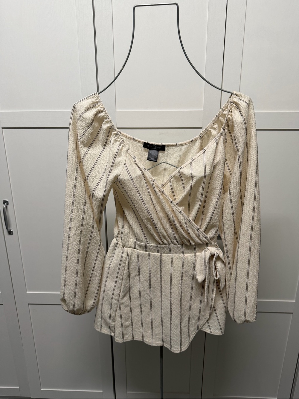 Striped Cream Wrap Blouse with Tie Waist